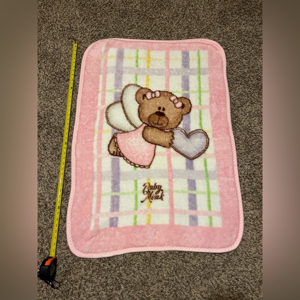Vintage Baby Mink Soft Blanket Bear With Heart Wings Pink